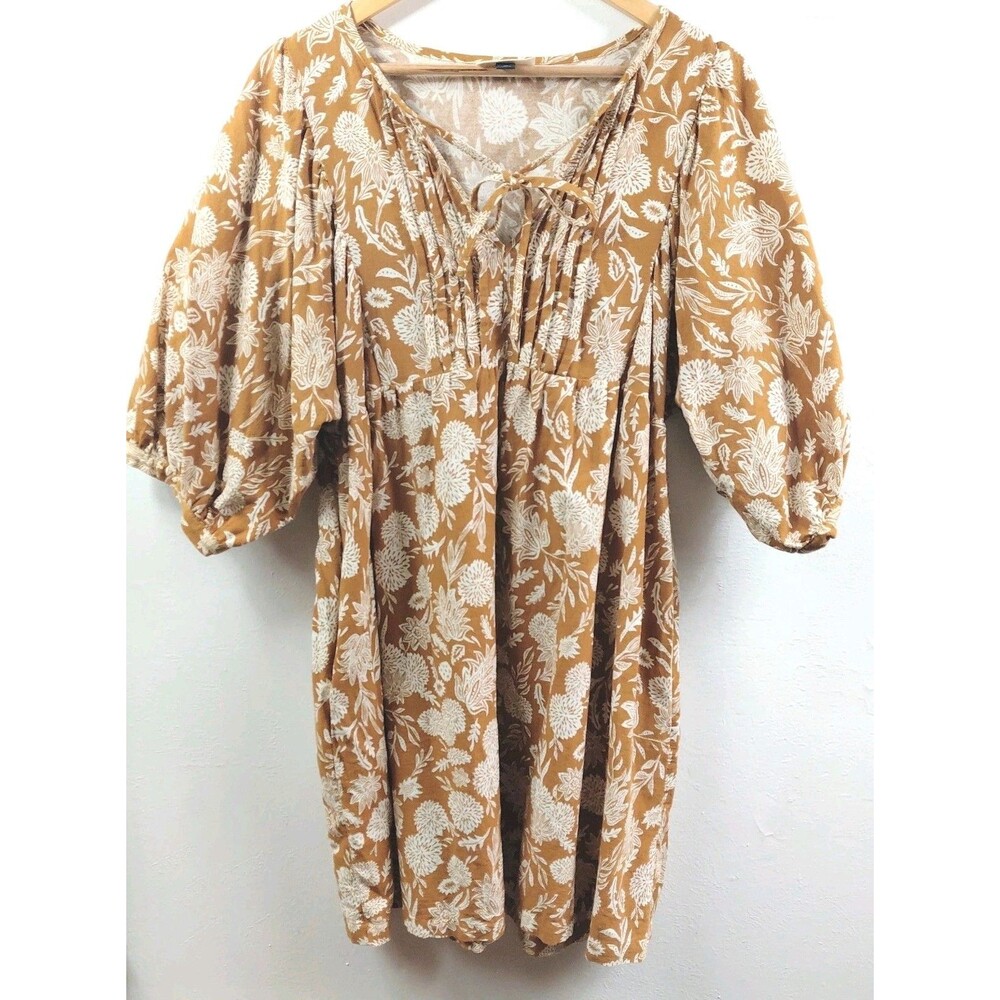 Universal Thread Cotton Floral Puff Sleeve Mustard Brown Midi Dress Size M